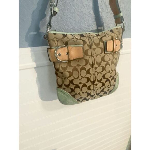 Vintage Coach Women’s Shoulder Satchel Tote Bag Khaki Canvas Green - Picture 3 of 13